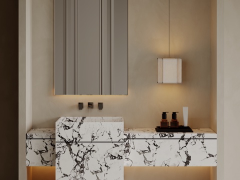 现代极简洗手台 中古浴室柜 台盆柜 装饰品摆件 镜子 卫生间su模型