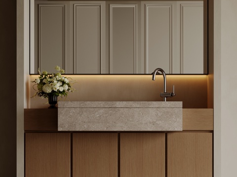 现代极简洗手台 中古浴室柜 台盆柜 装饰品摆件 镜子 卫生间su模型