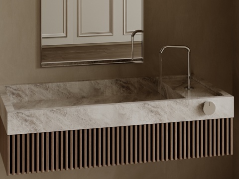 现代极简洗手台 中古浴室柜 台盆柜 装饰品摆件 镜子 卫生间su模型