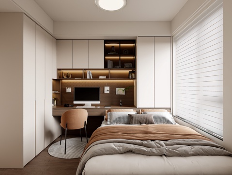 现代榻榻米卧室 衣柜书桌一体 儿童房榻榻米su模型
