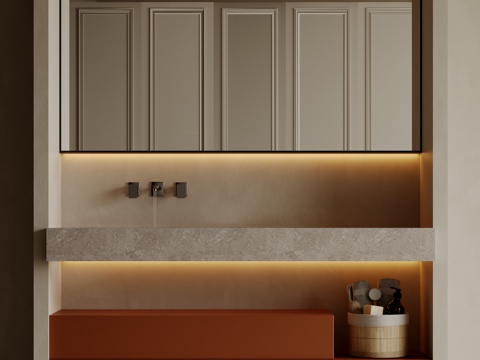  现代极简洗手台 中古浴室柜 台盆柜 装饰品摆件 镜子 卫生间su模型 