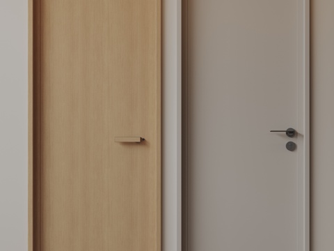 现代极简单开门 中古房间门 卧室门 平板门 实木门 平开门su模型