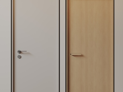 现代极简单开门 中古房间门 卧室门 平板门 实木门 平开门su模型