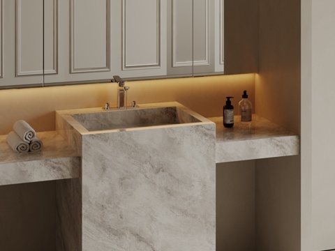  现代极简洗手台 中古浴室柜 台盆柜 装饰品摆件 镜子 卫生间su模型 