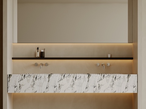 现代极简洗手台 中古浴室柜 台盆柜 装饰品摆件 镜子 卫生间su模型