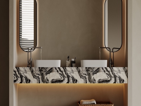  现代极简洗手台 中古浴室柜 台盆柜 装饰品摆件 镜子 卫生间su模型 