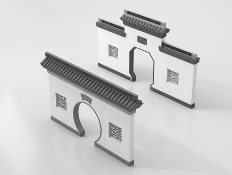  中式月亮门 围墙 景墙 围墙 古建围墙3d模型 