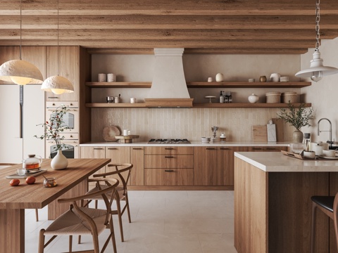 现代原木奶油风开放式厨房 餐厨一体 开放式餐厅 U型厨房su模型