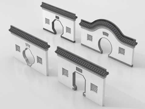  中式月亮门 围墙 景墙 围墙 古建围墙3d模型 