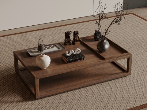  新中式茶几 木制茶几 长形茶几su模型 