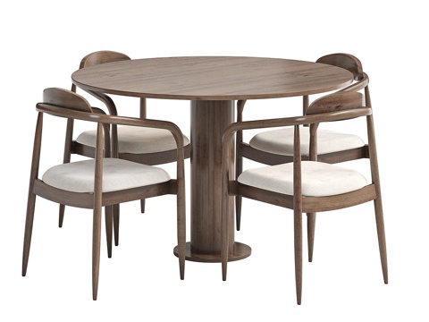  新中式实木圆餐桌椅组合3d模型 