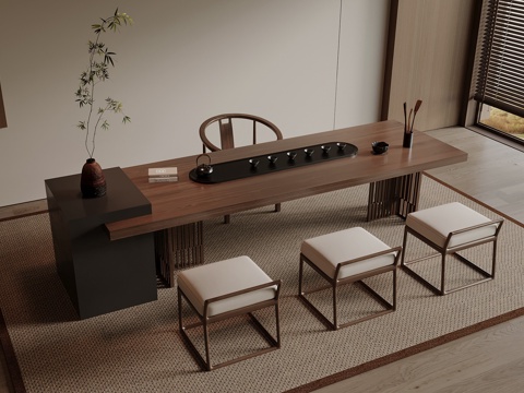  新中式禅意茶台 茶桌椅 茶台 木制茶台3d模型 