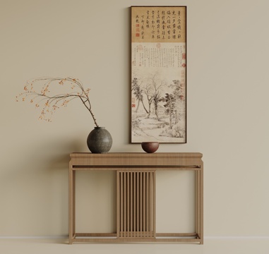  新中式端景 木制端景桌 装饰画 盆景su模型 