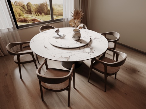  宋式餐桌椅组合 圆形餐桌 木制餐椅 木制餐桌3d模型 