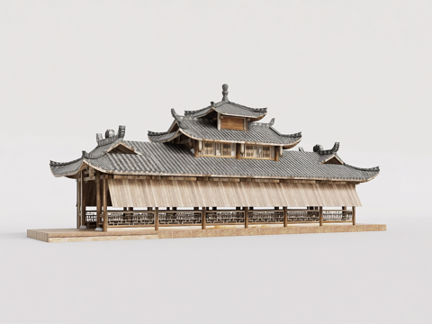 中式三层塔楼 阁楼古建模型 飞檐翘角 木质结构su模型su模型