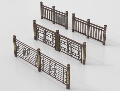 新中式栏杆护栏 栅栏围栏 实木围栏护栏su模型