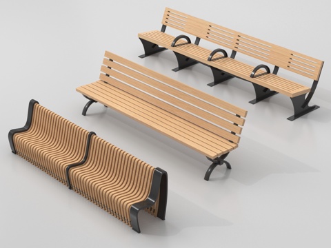  现代户外长椅 公园座椅 木材 长条形 景观座椅3d模型 