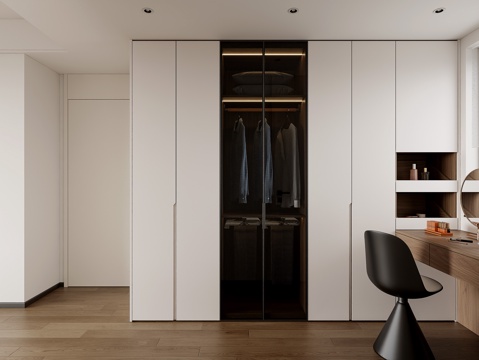 现代卧室衣柜 转角衣柜梳妆台一体  玻璃门衣柜 梳妆凳su模型