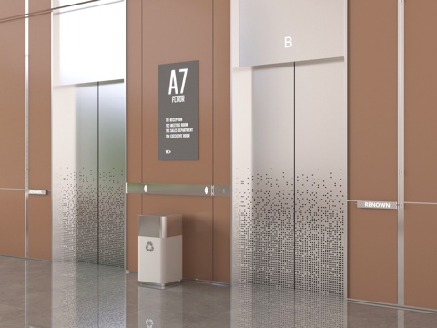  现代电梯厅 电梯间 电梯门 指示牌 垃圾桶3d模型 