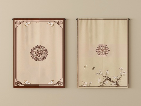 新中式窗帘 门帘 布帘su模型