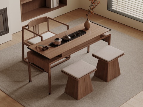  新中式单人茶台 长形茶桌 画案 书法桌3d模型 