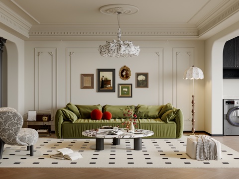  法式客厅 沙发茶几 多人沙发 休闲椅 吊灯 挂画 地毯su模型 