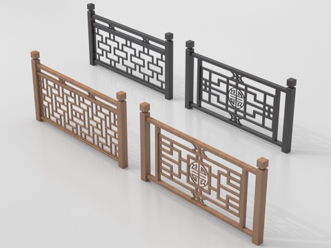 新中式栏杆护栏 栅栏围栏 实木围栏护栏su模型