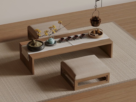  新中式茶台 榻榻米茶台 榻榻米坐垫3d模型 