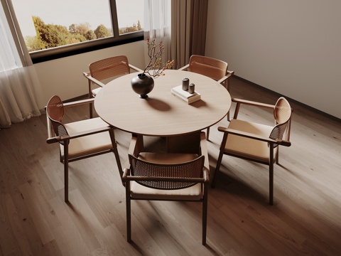  宋式餐桌椅组合 圆形餐桌 木制餐椅 木制餐桌3d模型 