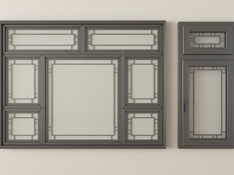  新中式花格门窗 花窗 平开窗 雕花窗3d模型 