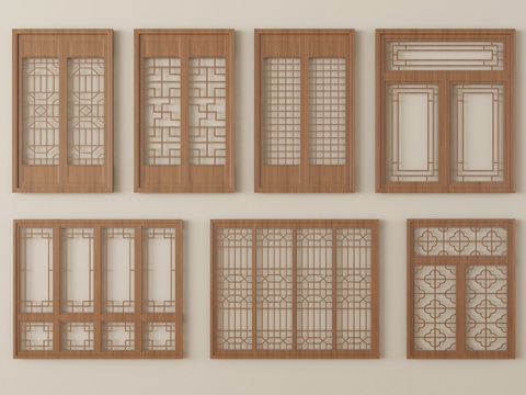  新中式镂花窗 雕花窗 花格窗 木质窗3d模型 