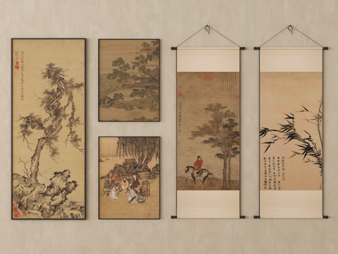  新中式挂画 装饰画 字画 画卷 挂画组合su模型 