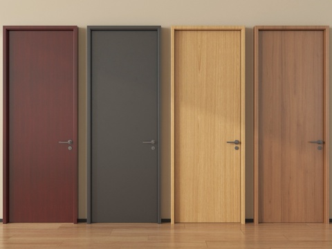 中古风实木平开门 窄框单开门 卧室门su模型