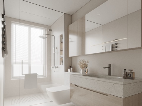  现代奶油风卫生间 浴室柜 马桶花洒卫浴 淋浴隔断 卫浴小件3d模型 