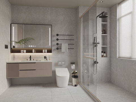  现代奶油风卫生间 浴室柜 马桶花洒卫浴 淋浴隔断 卫浴小件3d模型 