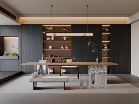 新中式茶室 茶桌椅 茶柜 吊灯 装饰柜 地毯su模型