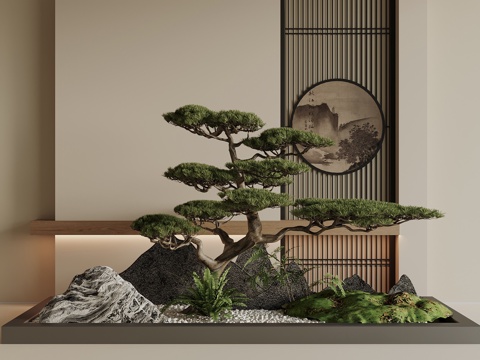  新中式绿植景观 迎客松景观 屏风景观3d模型 