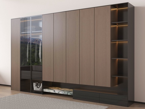 现代意式轻奢衣柜 实木 高柜 玻璃门衣柜su模型