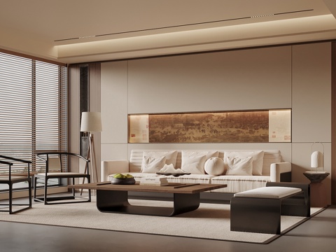 宋式禅意客厅 沙发背景墙 禅意沙发组合 长形茶几su模型