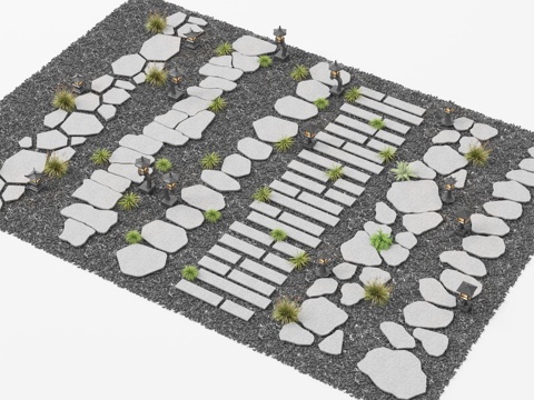  新中式汀步 园林石板路 碎石步道3d模型 