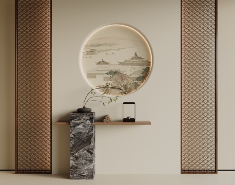 新中式装饰性玄关 木制屏风 装饰端景su模型