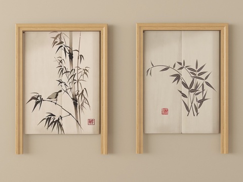 新中式窗帘 门帘 布帘su模型