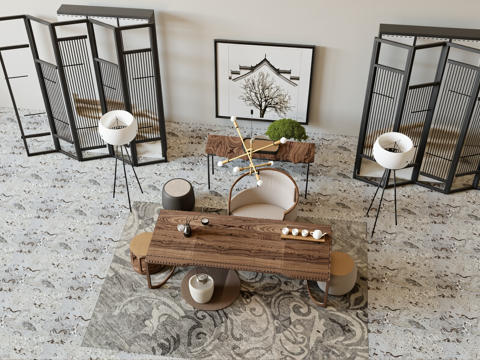  新中式茶室su模型 