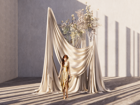 布幔造型小景  香槟色花艺婚礼美陈su模型