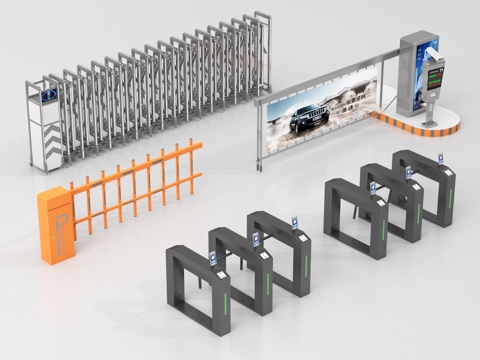现代道闸 小区入口 门禁机 伸缩门 起落杆su模型