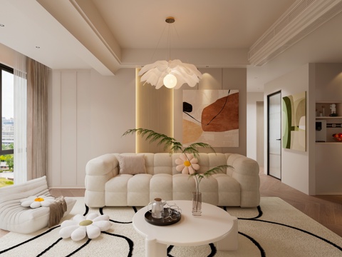  奶油风客厅免费3d模型 