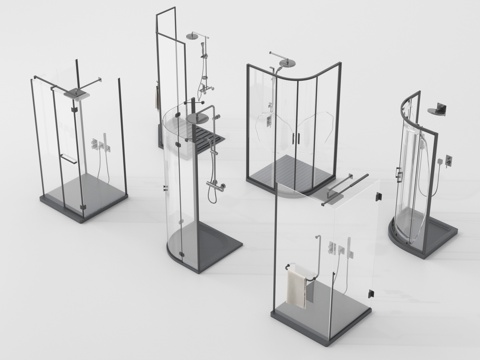 现代淋浴房 淋浴间 花洒淋浴 玻璃隔断su模型