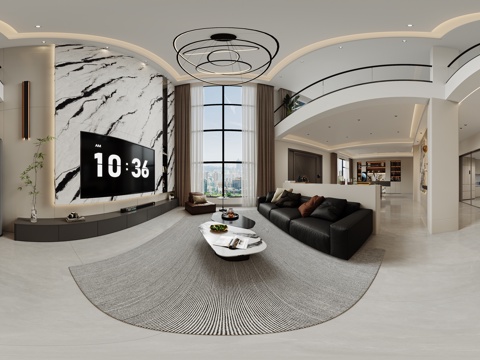  现代别墅客餐厅全景 客厅 餐厅 挂画 吊灯 装饰柜 