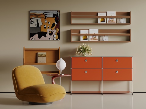 中古风边柜 书架 休闲椅 装饰画su模型