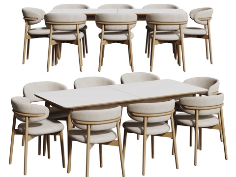 奶油风桌椅组合 餐桌组合 餐桌 长桌 休闲桌椅su模型